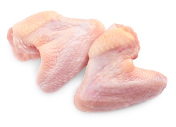 Photo of Raw chicken wings on white background, top view