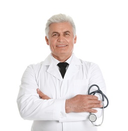 Photo of Portrait of male doctor with stethoscope isolated on white. Medical staff