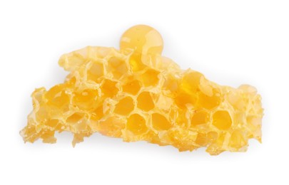 Photo of Piece of natural honeycomb with tasty honey isolated on white, top view