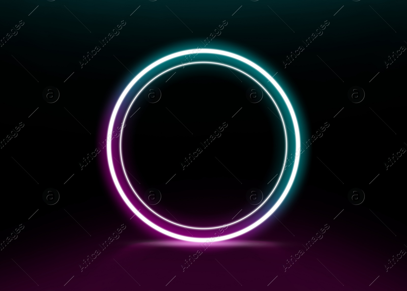 Illustration of Glowing round neon frame on black background, space for text