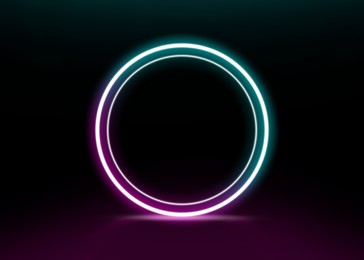 Illustration of Glowing round neon frame on black background, space for text