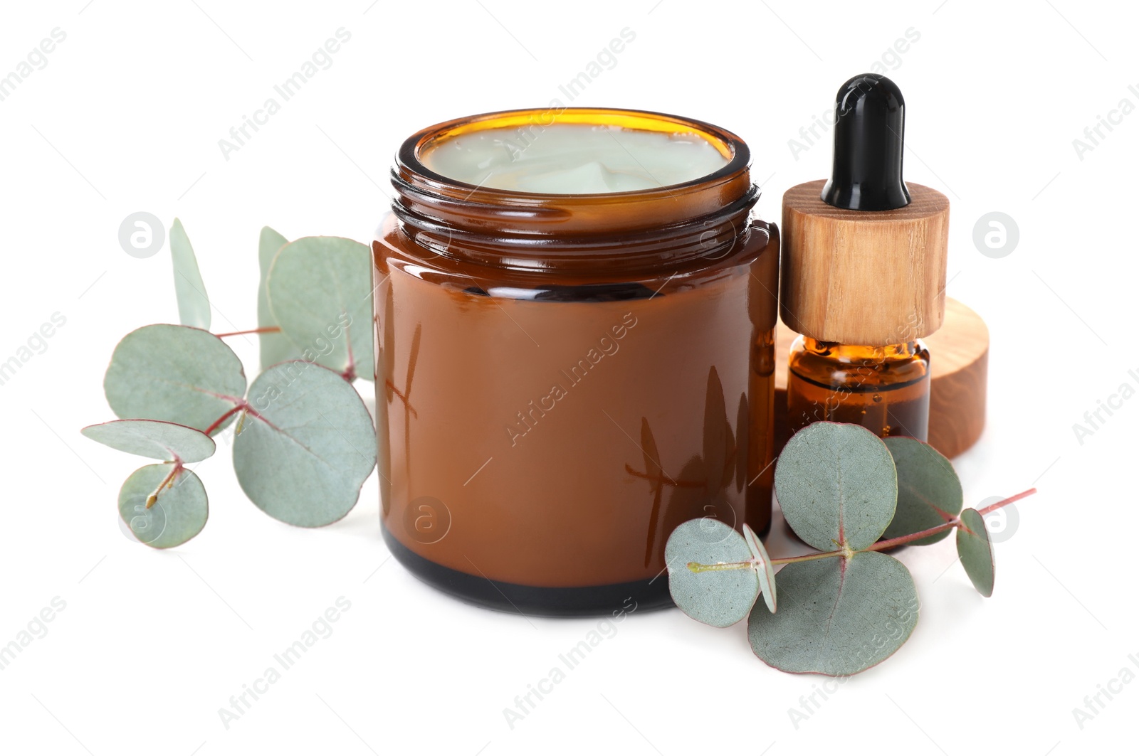 Photo of Different hand care cosmetic products and eucalyptus on white background