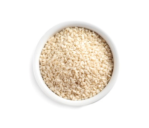 Sesame seeds in bowl on white background, top view. Delicious sauce condiment