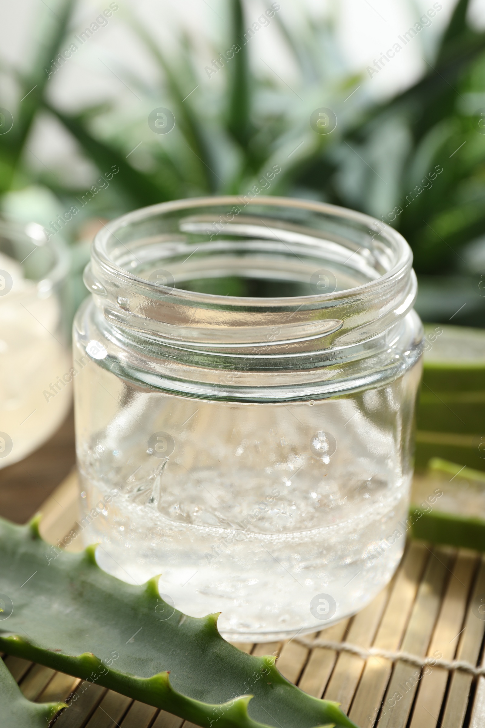 Photo of Aloe vera gel in jar and slices of plant on bamboo mat, closeup