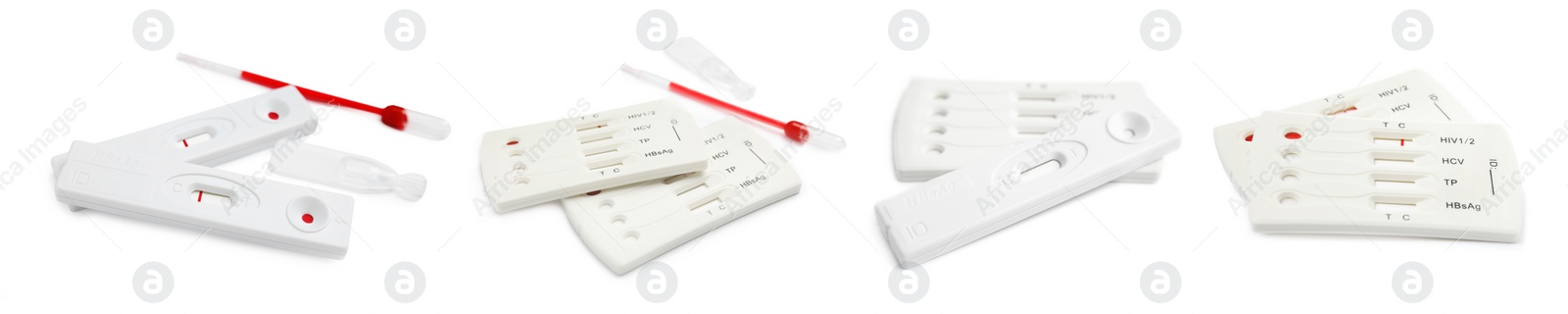 Image of Set with disposable express test kits for hepatitis on white background. Banner design