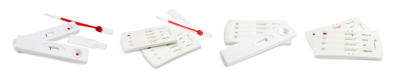 Image of Set with disposable express test kits for hepatitis on white background. Banner design