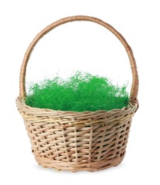 Photo of Easter wicker basket with decorated grass isolated on white