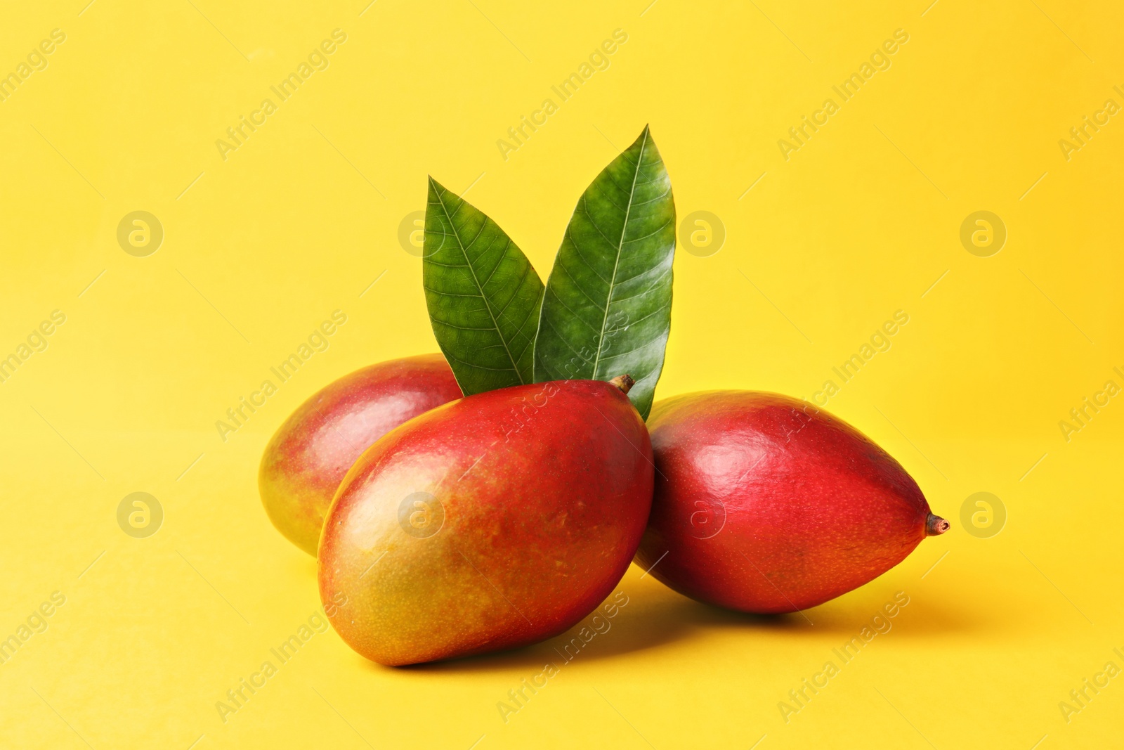 Photo of Composition with fresh mango on color background