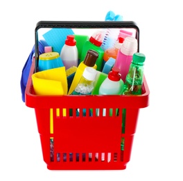 Photo of Shopping basket full of detergents on white background