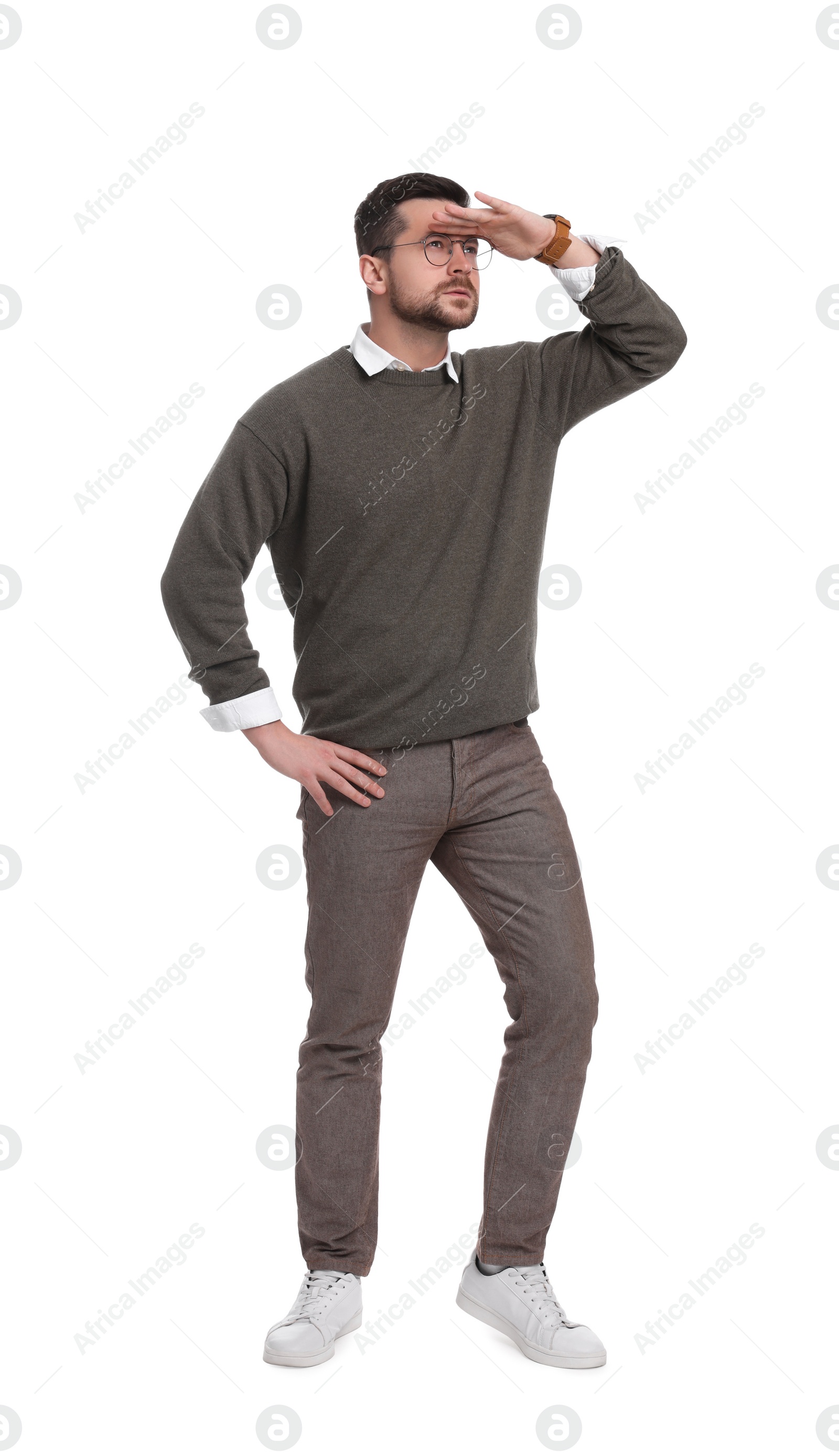 Photo of Handsome bearded businessman in eyeglasses on white background