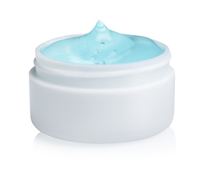 Jar of light blue cosmetic gel on light background