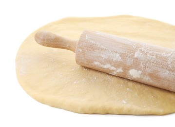 Photo of Raw dough and rolling pin isolated on white