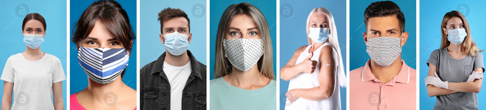 Image of Collage with photos of people wearing protective face masks on light blue background. Banner design