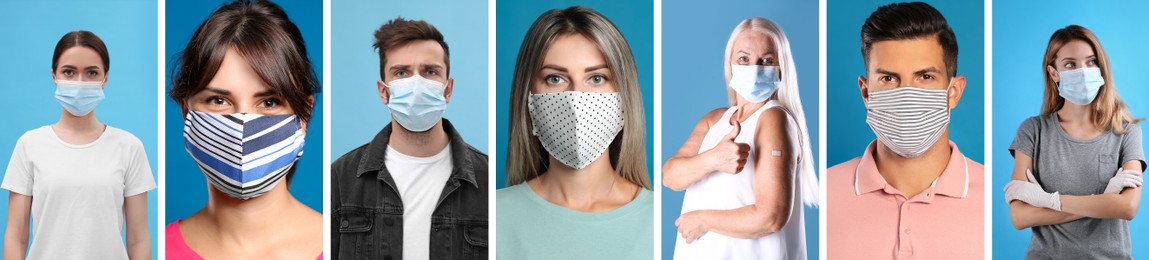 Image of Collage with photos of people wearing protective face masks on light blue background. Banner design