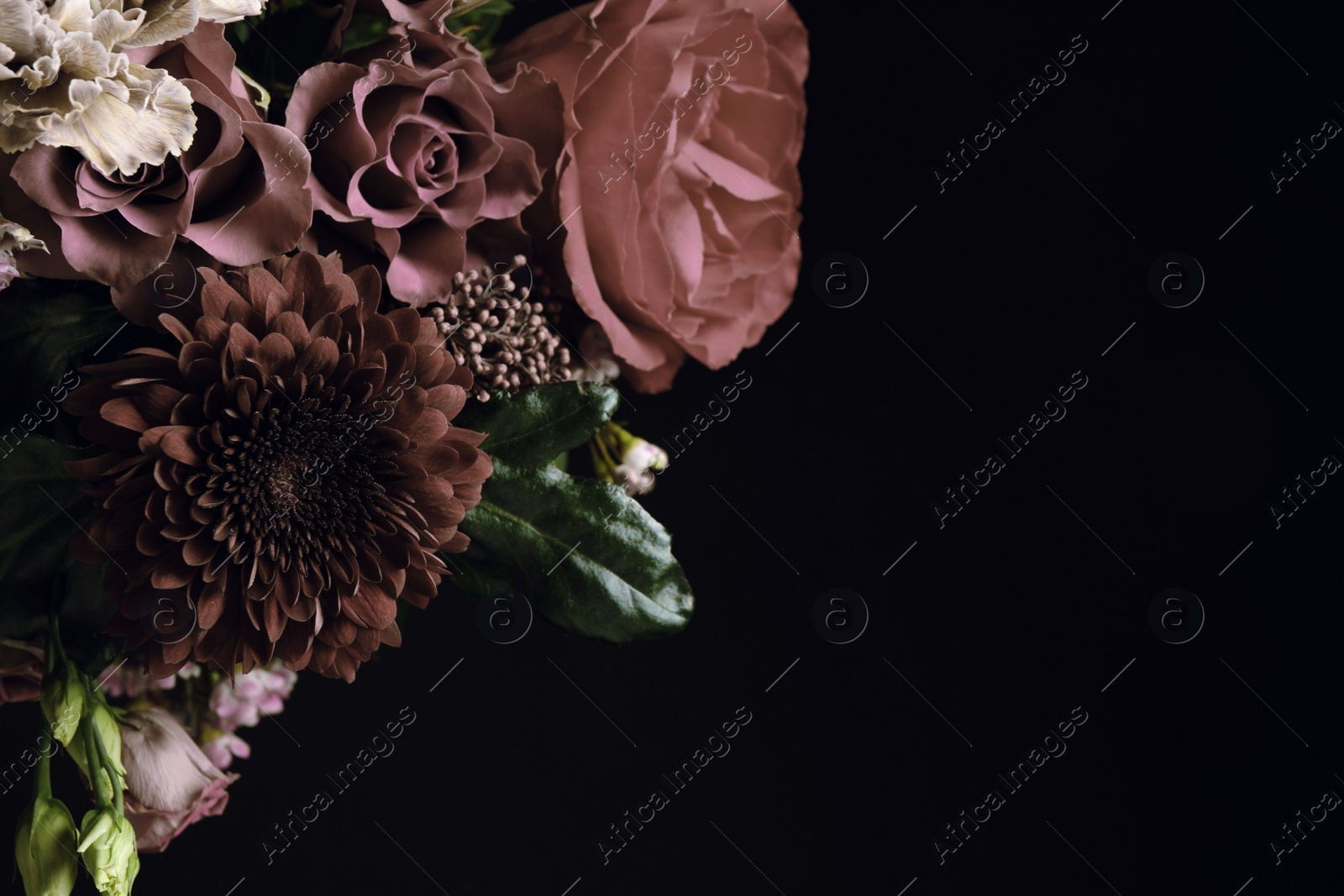 Photo of Beautiful bouquet of different flowers on black background, space for text. Floral card design with dark vintage effect