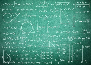 Image of Many different math formulas written on chalkboard. Algebra and Geometry