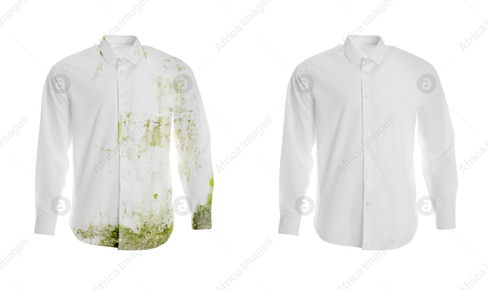 Image of Stylish shirt before and after washing on white background, collage. Dry-cleaning service