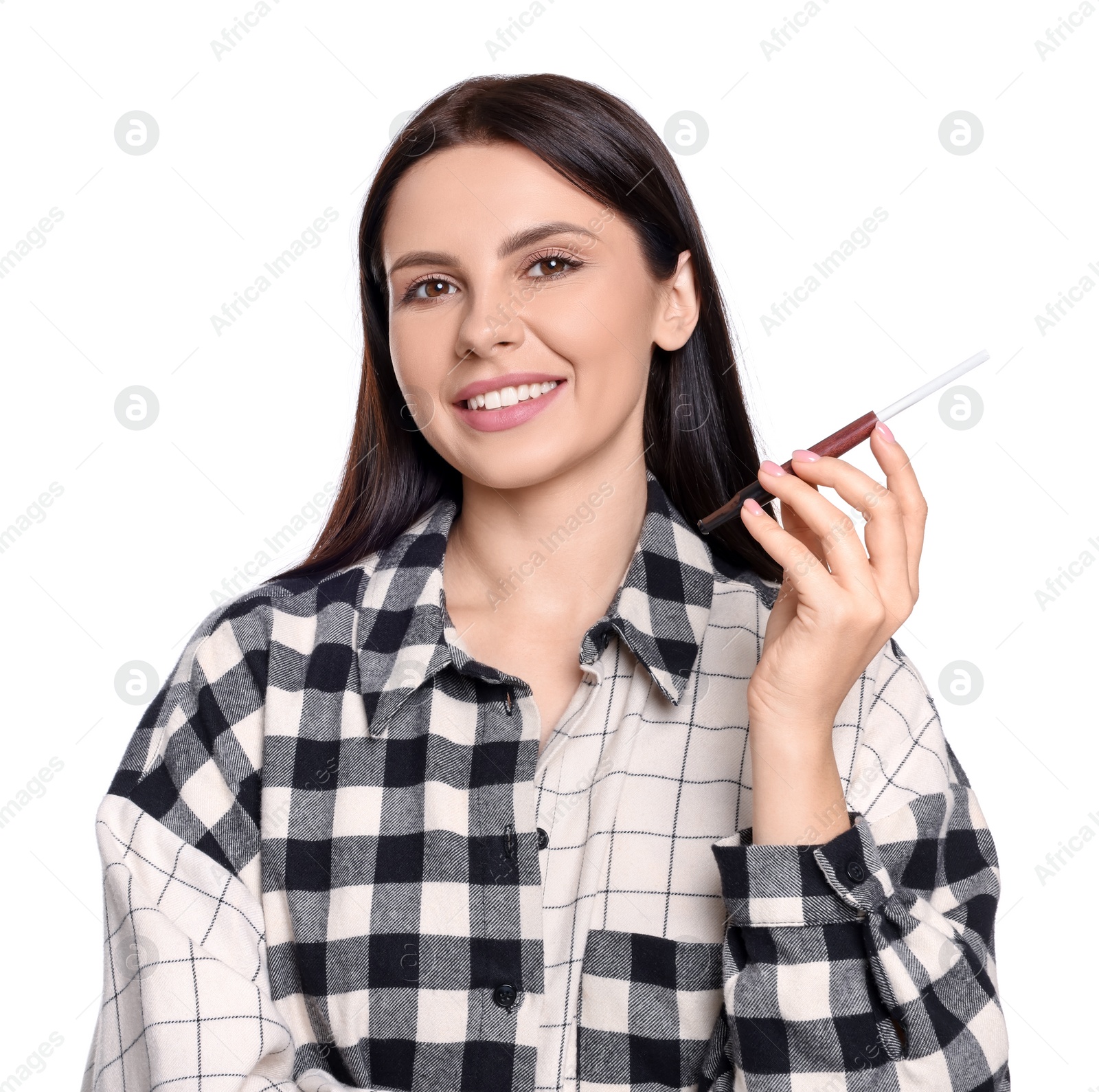 Photo of Woman using cigarette holder for smoking isolated on white