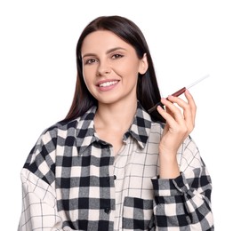 Photo of Woman using cigarette holder for smoking isolated on white