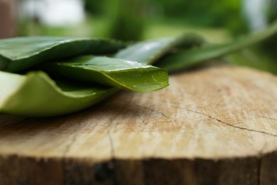 Photo of Fresh cut aloe vera leaves with dripping juice on wooden stump, closeup. Space for text