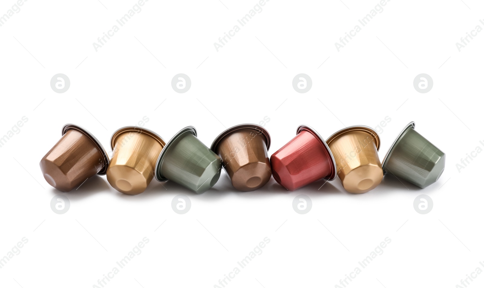 Photo of Many plastic coffee capsules isolated on white