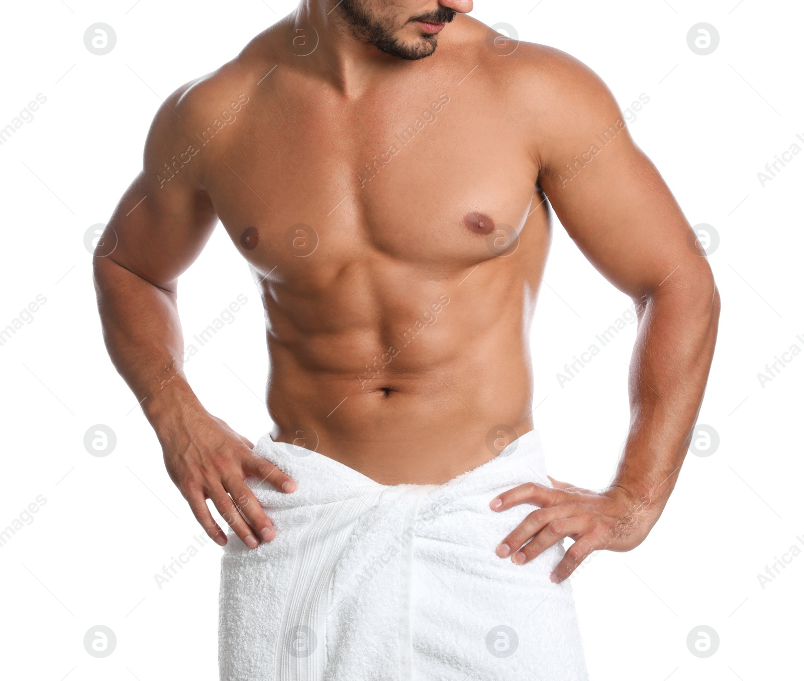 Photo of Young man with slim body on white background, closeup view