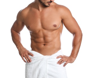 Young man with slim body on white background, closeup view