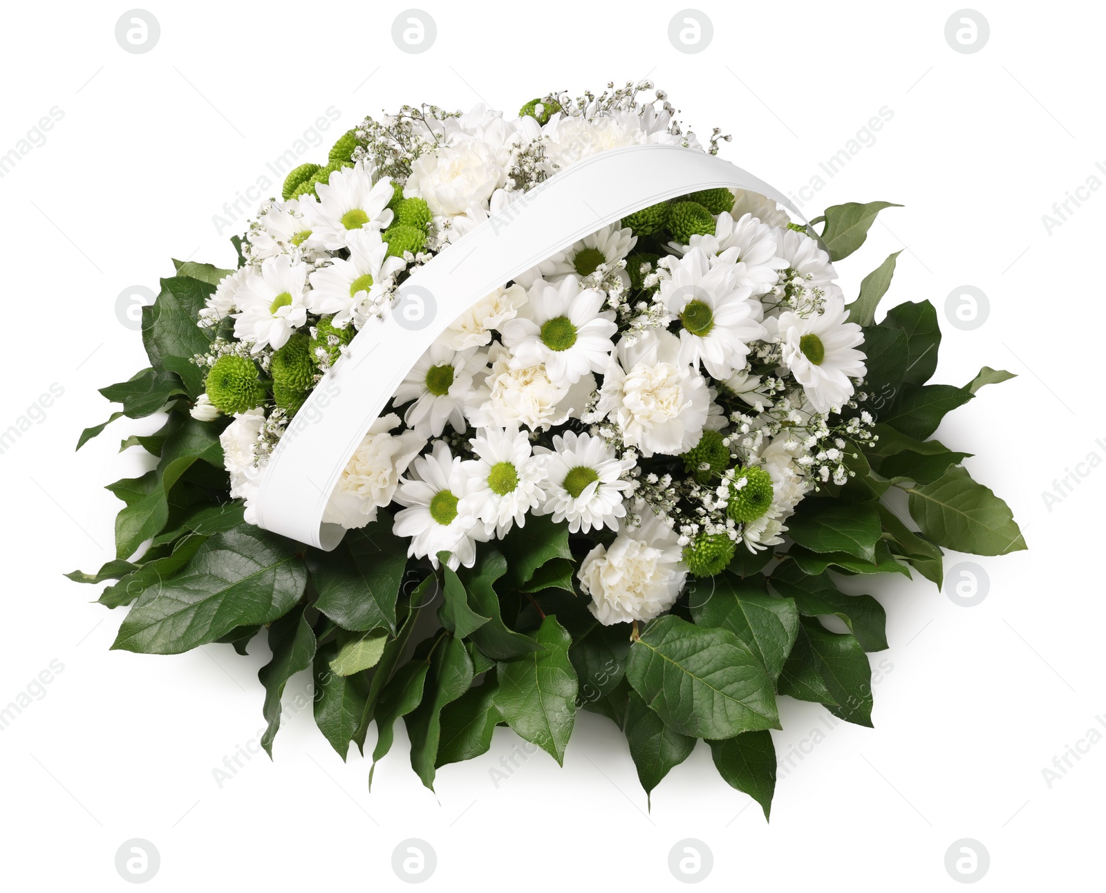 Photo of Funeral wreath of flowers with ribbon on white background