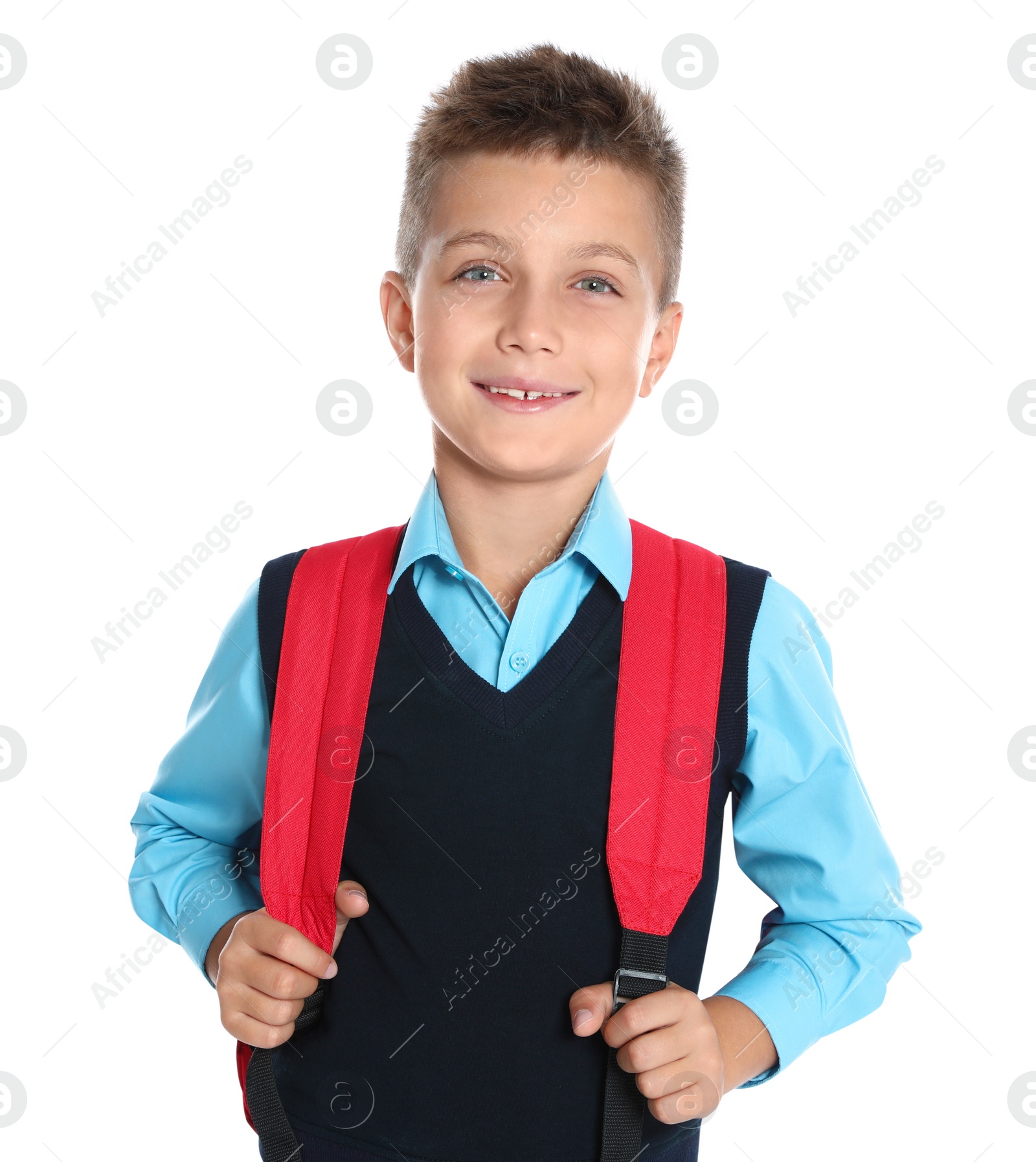 Photo of Happy boy in school uniform on white background