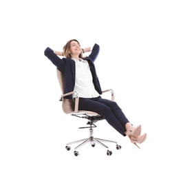 Photo of Young businesswoman sitting in office chair on white background