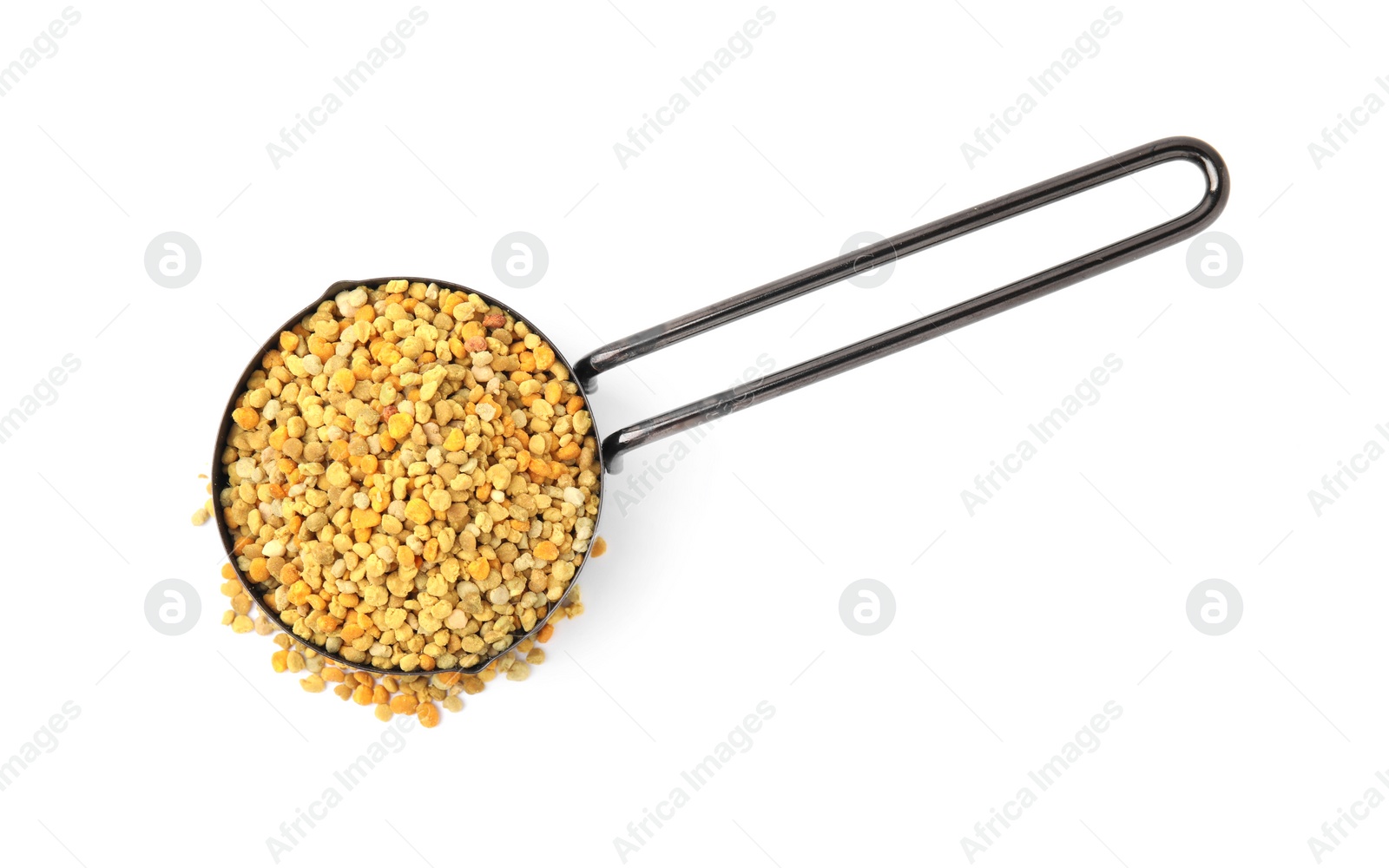 Photo of Fresh bee pollen granules in scoop isolated on white, top view