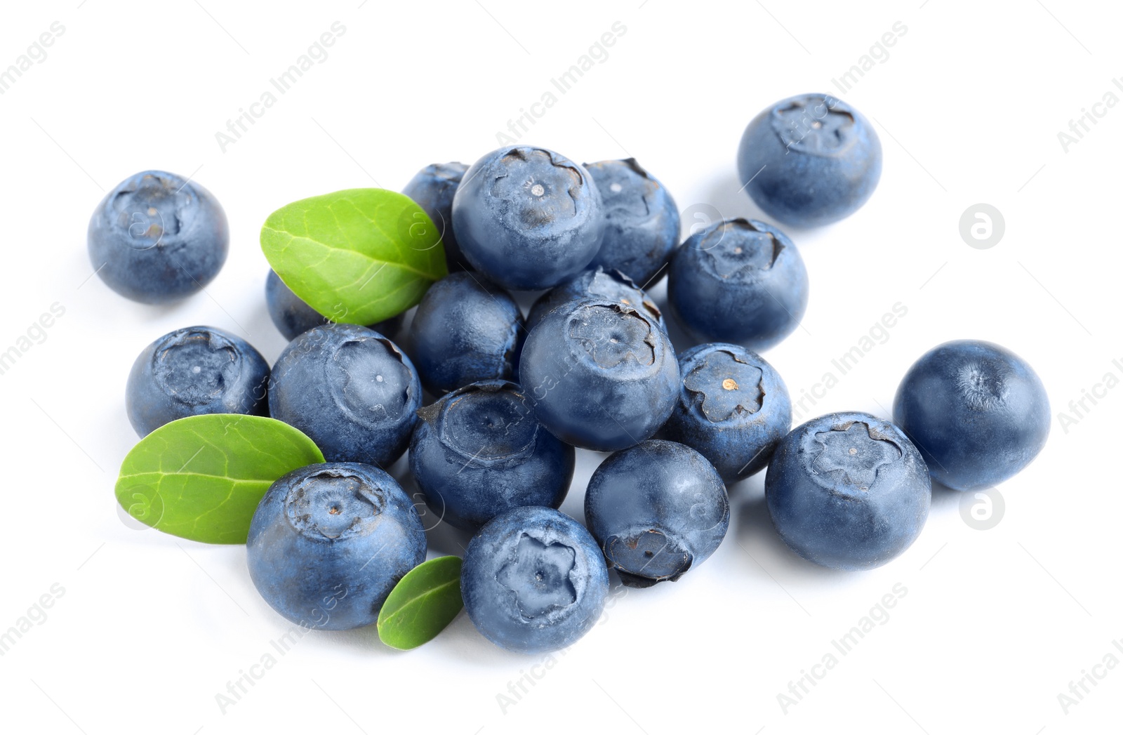 Photo of Fresh raw tasty blueberries with leaves isolated on white