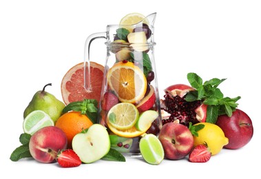 Photo of Jug and different fruits on white background