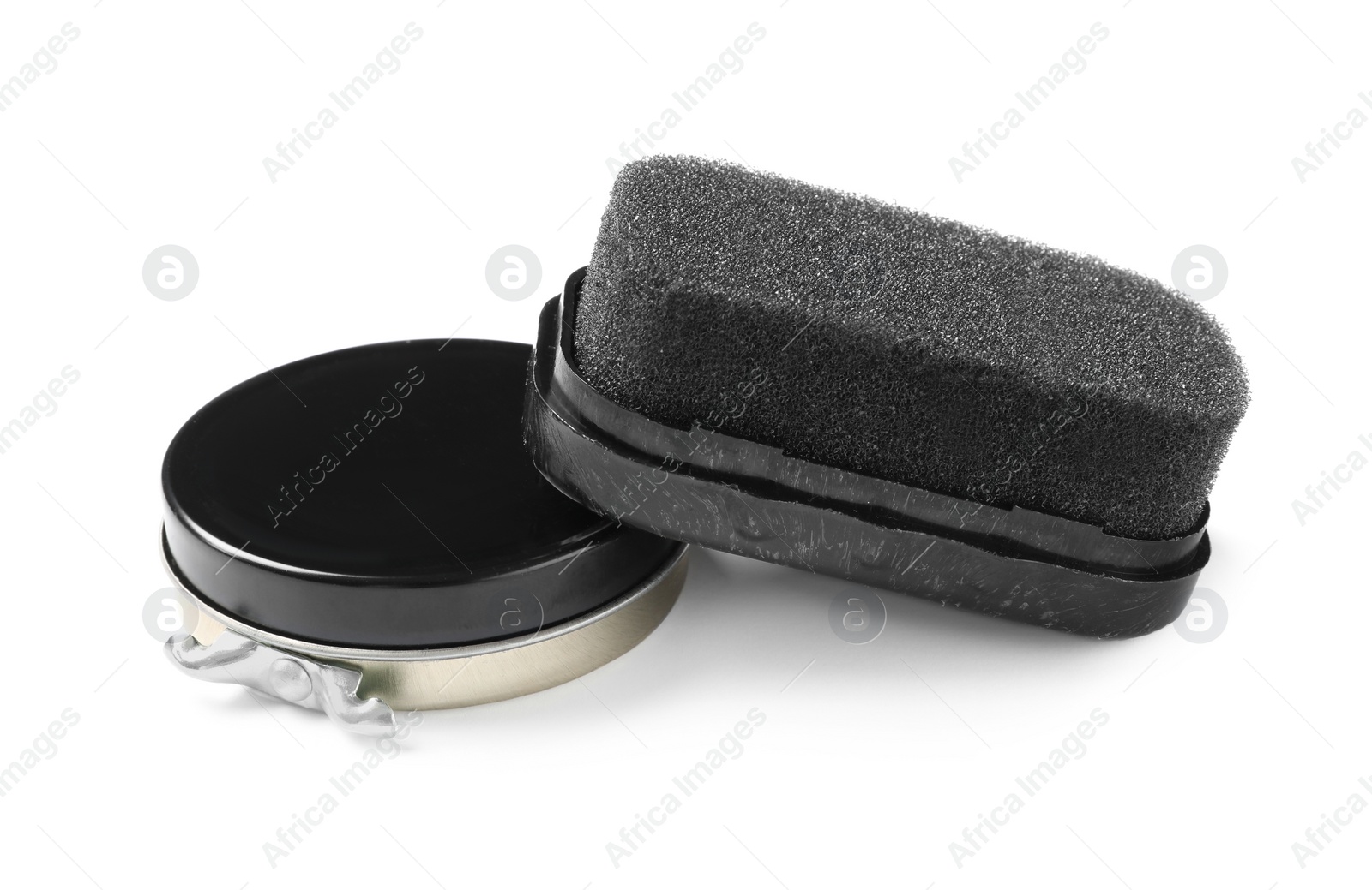 Photo of Shoe care accessories on white background. Footwear clean item