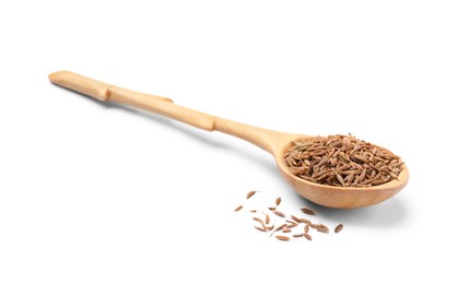 Spoon of aromatic caraway (Persian cumin) seeds isolated on white