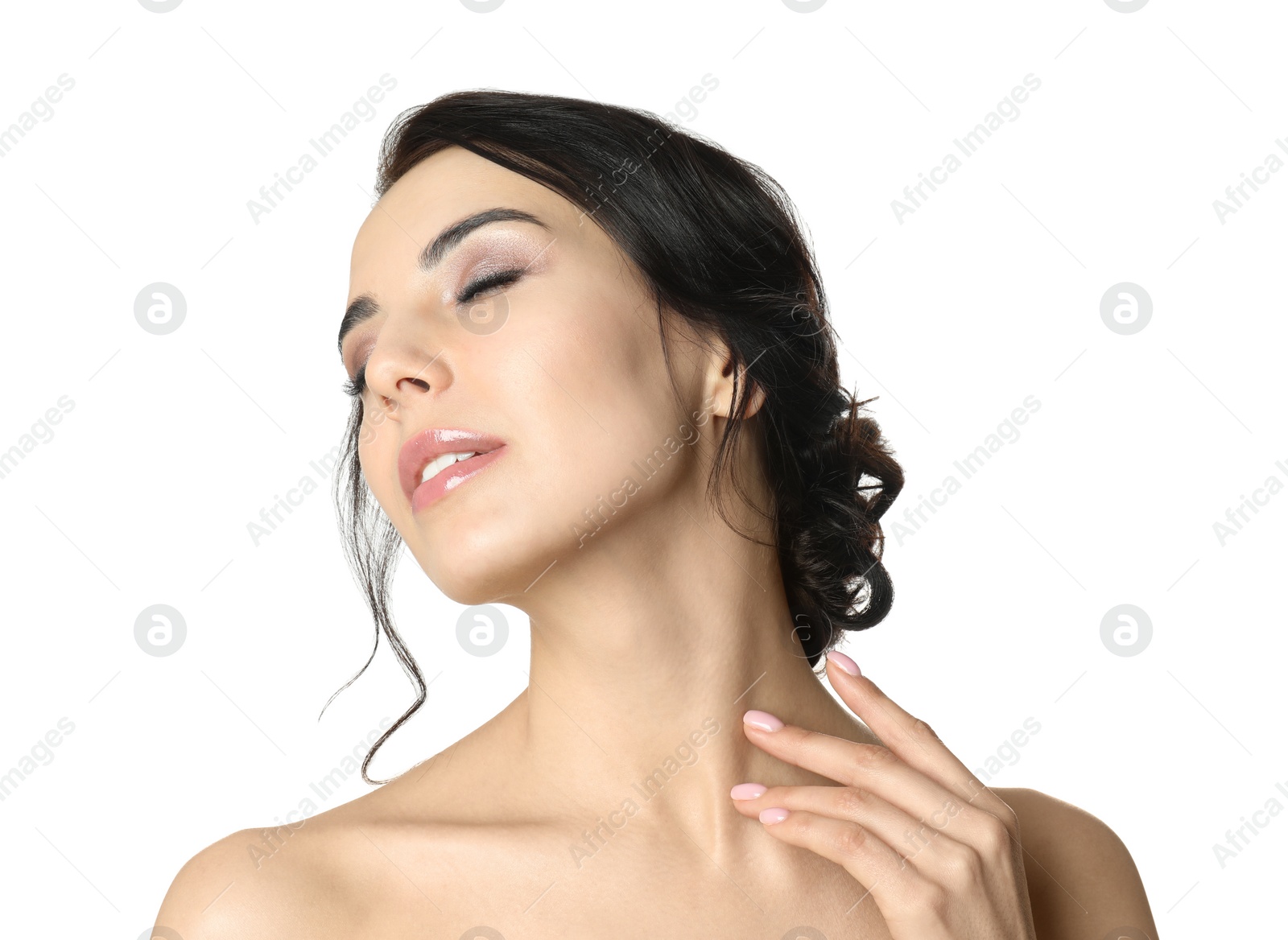 Photo of Portrait of young woman with beautiful hair on white background