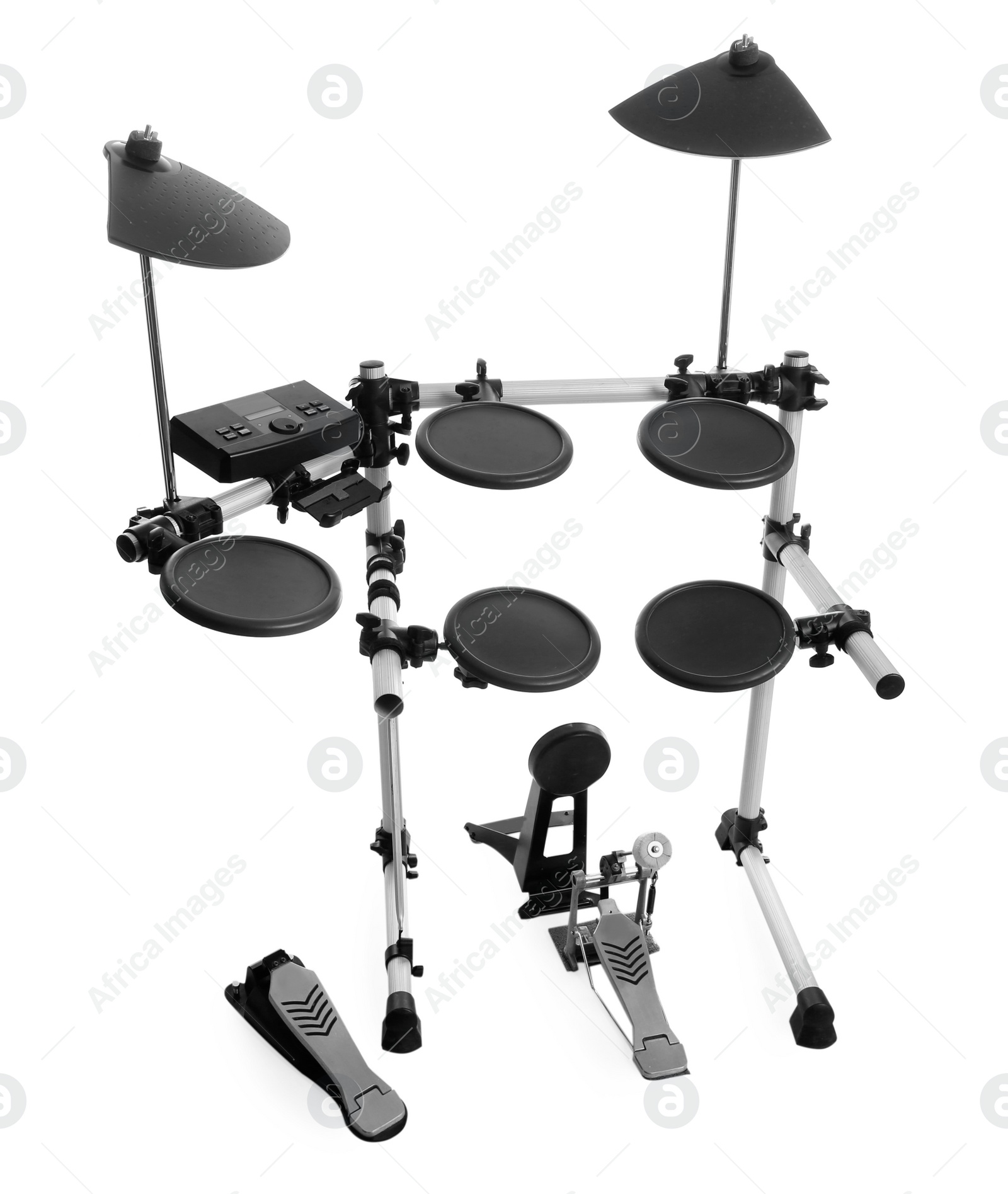 Photo of Modern electronic drum kit on white background. Music instrument