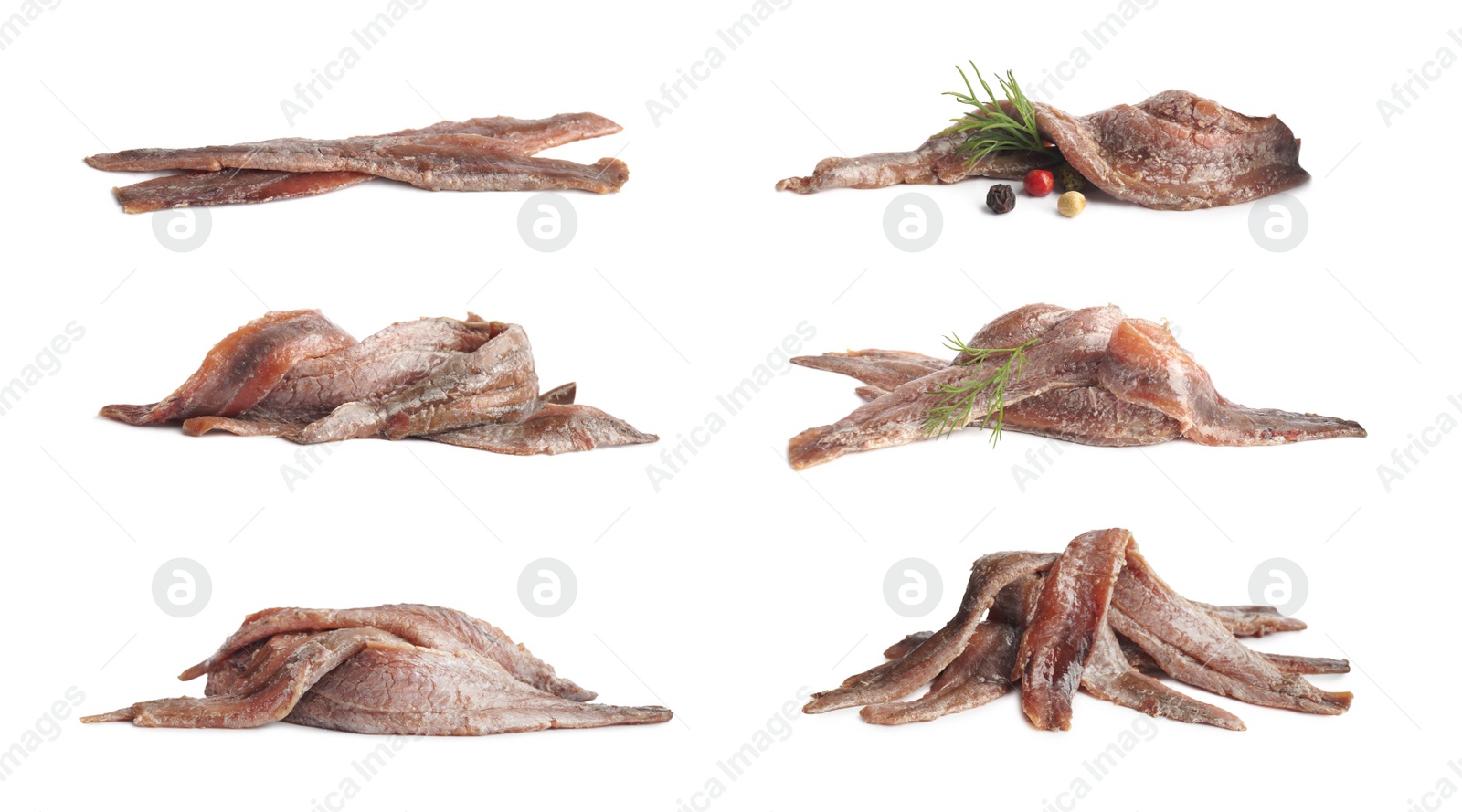 Image of Set with delicious anchovy fillets on white background