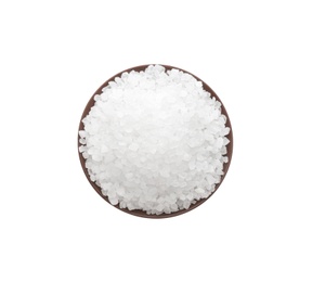 Photo of Bowl with natural salt isolated on white, top view