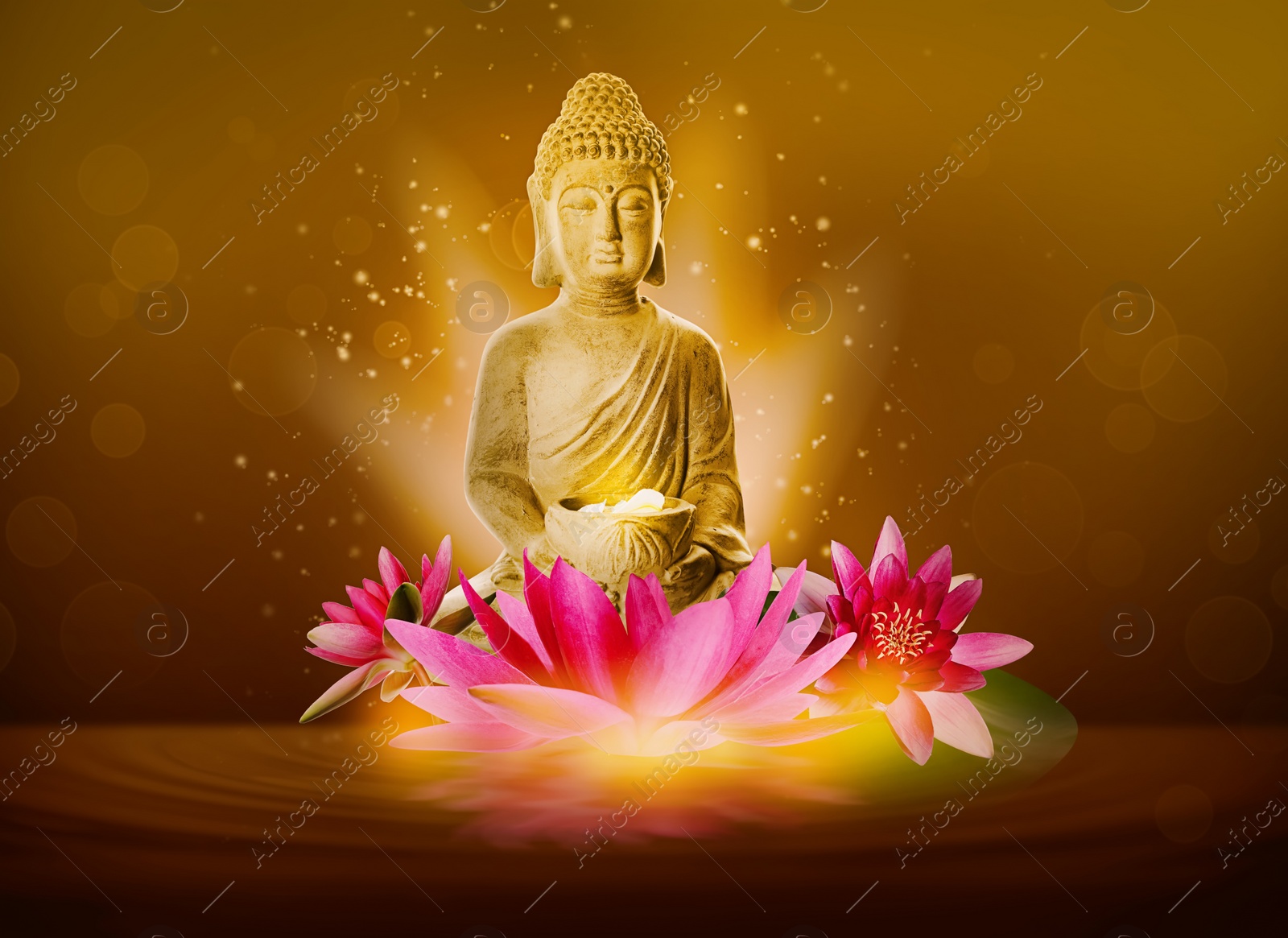 Image of Beautiful composition with Buddha sculpture and flowers on water surface