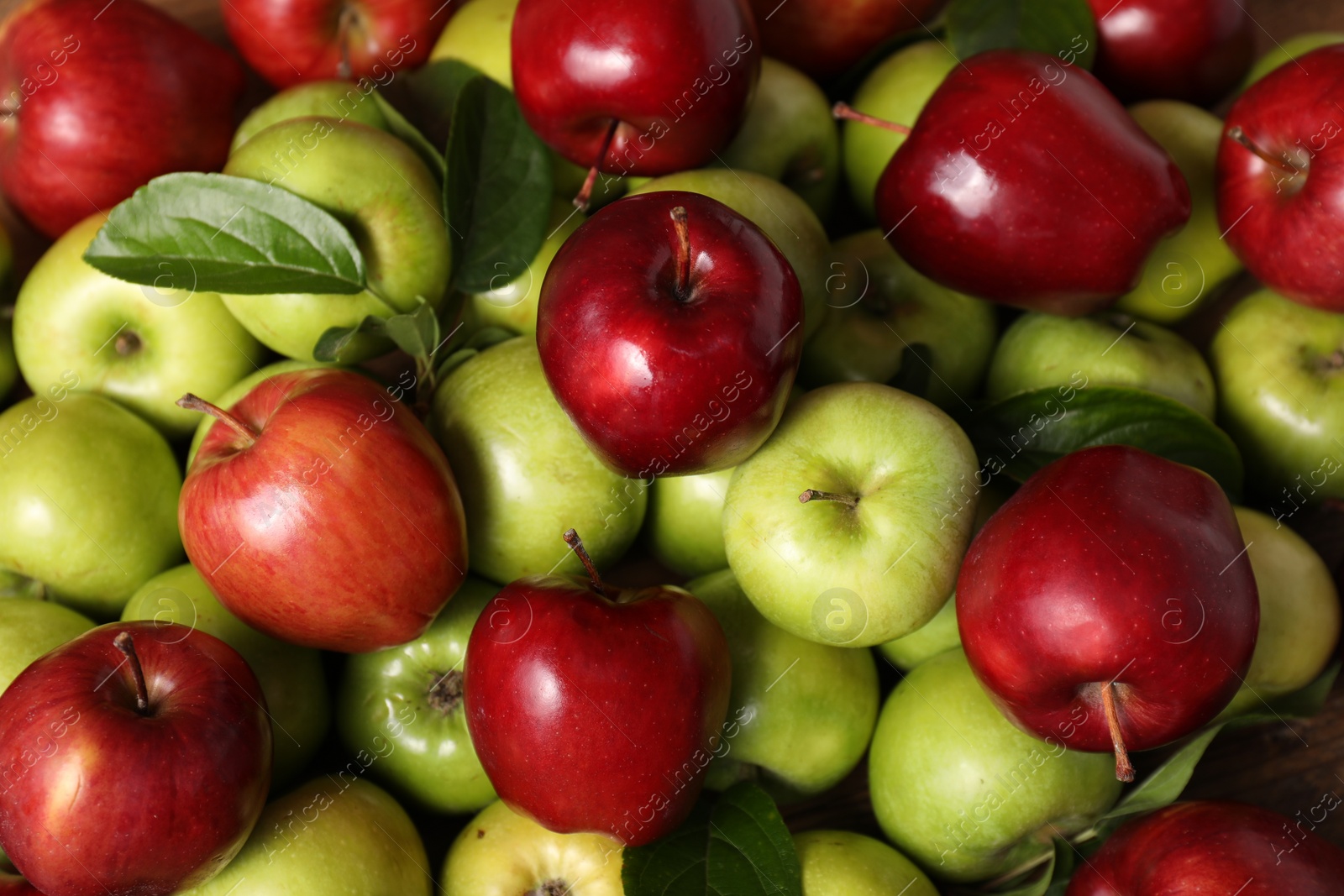 Photo of Fresh ripe red and green apples as background, top view