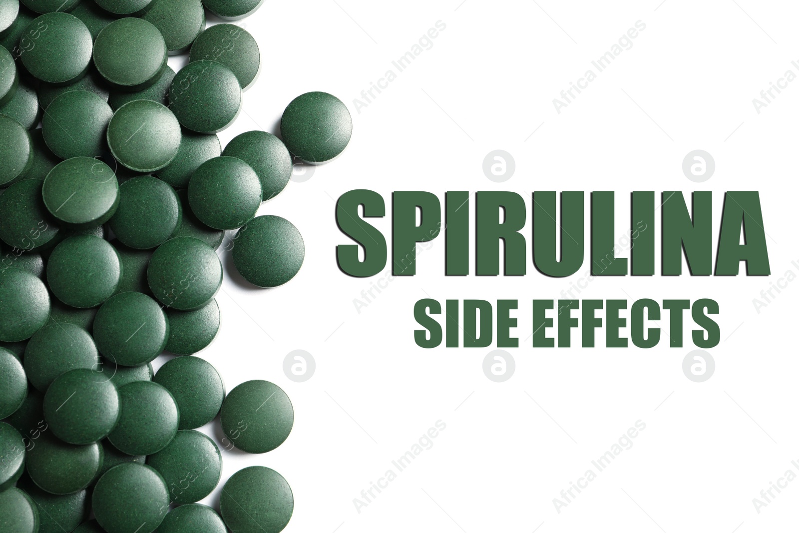 Image of Green spirulina pills on white background, top view. Side effects 