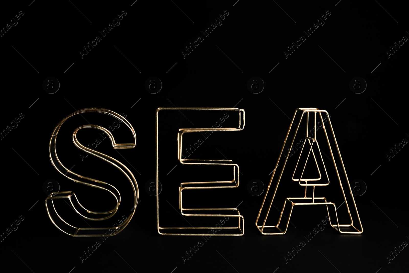 Photo of Word SEA of decorative gold letters on black background