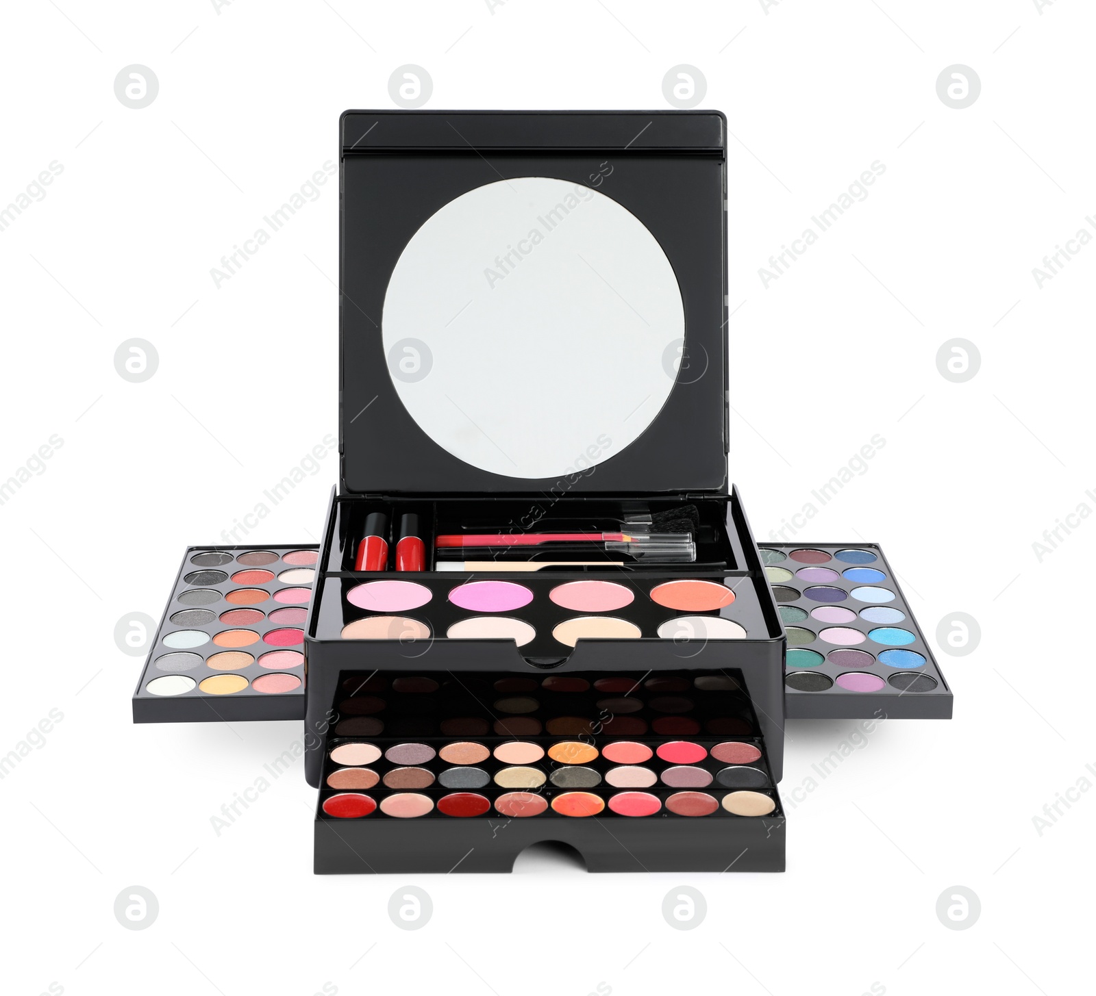 Photo of Large makeup case with different decorative cosmetics and mirror isolated on white