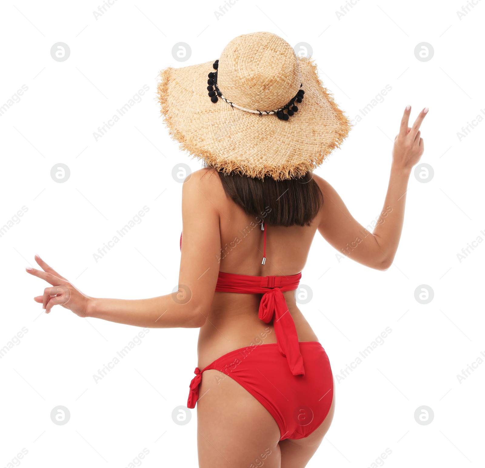 Photo of Pretty sexy woman with slim body in stylish red bikini on white background