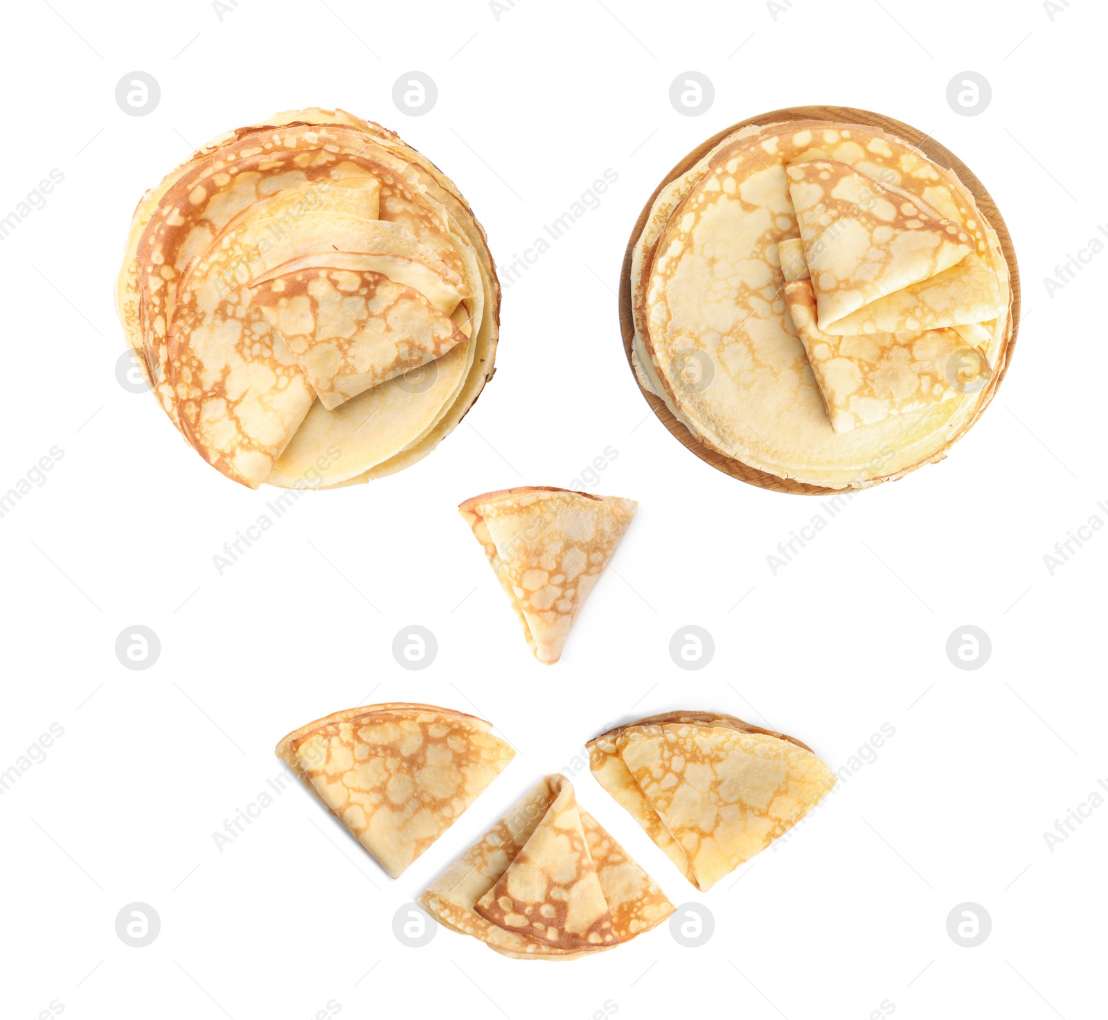 Image of Set of delicious thin pancakes on white background, top view