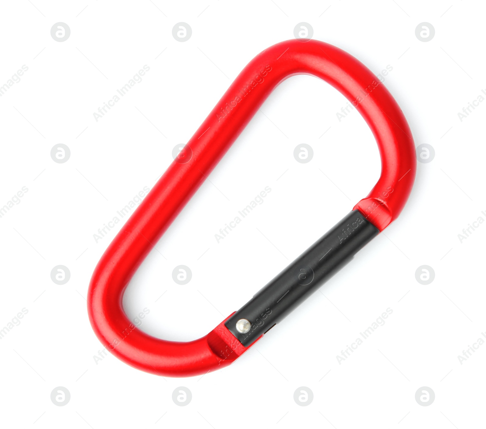 Photo of One red metal carabiner isolated on white, top view