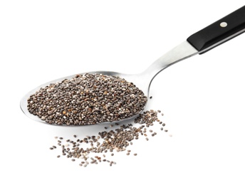 Photo of Spoon and chia seeds isolated on white