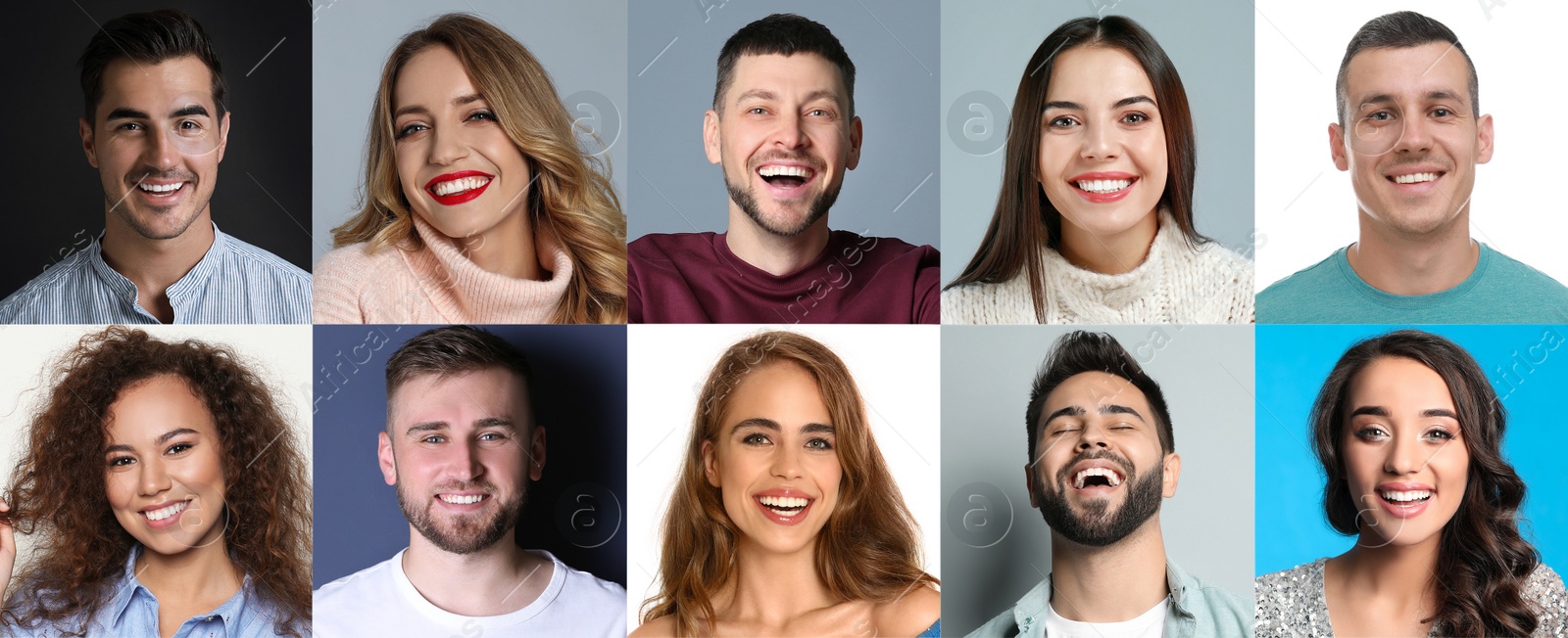 Image of Collage with photos of happy smiling people on different color backgrounds. Banner design