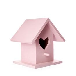 Photo of Beautiful pink bird house with heart shaped hole isolated on white